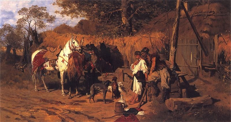 WikiOO.org - Encyclopedia of Fine Arts - Målning, konstverk Jozef Brandt - Cossack And A Girl At The Well