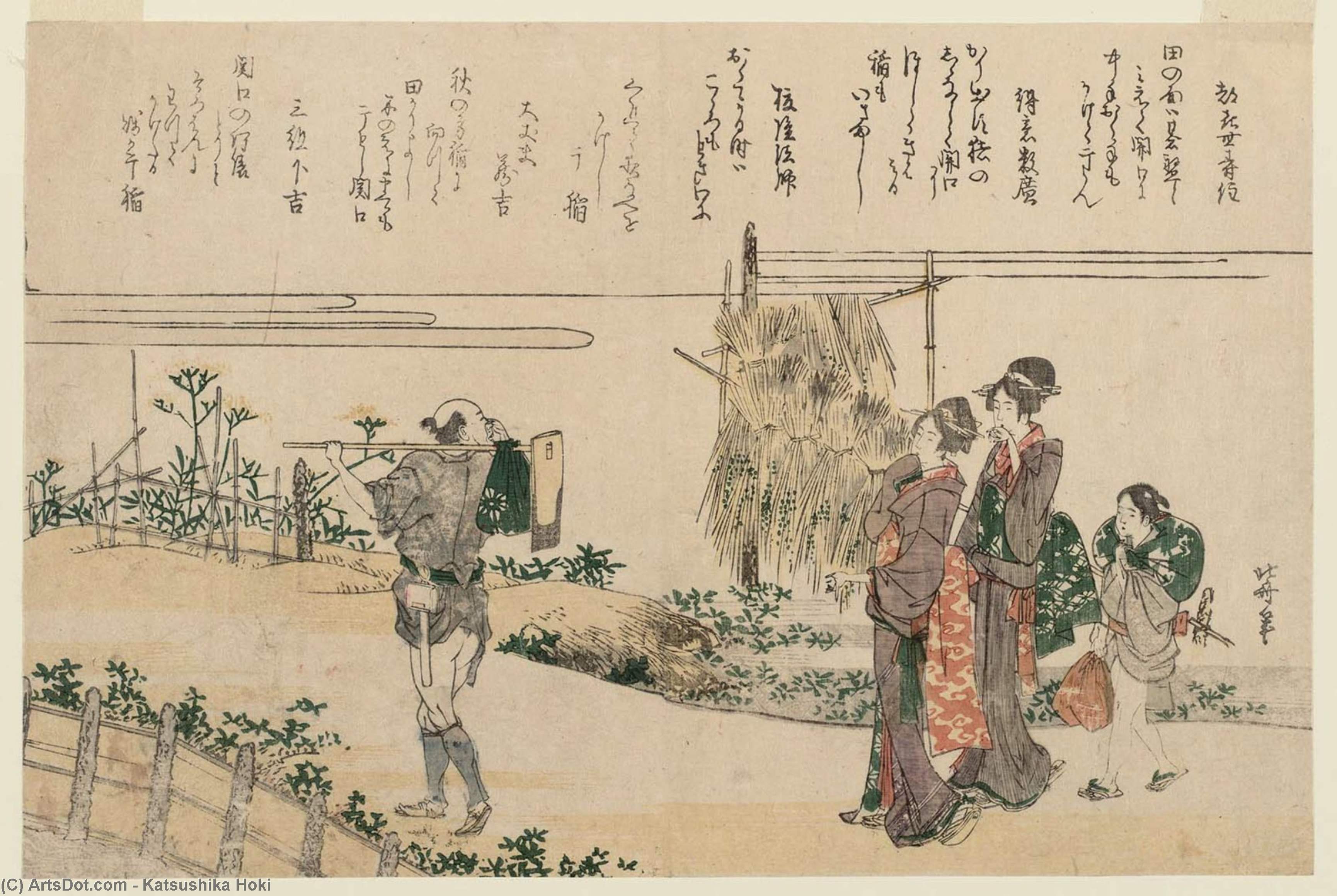 Wikioo.org - The Encyclopedia of Fine Arts - Painting, Artwork by Katsushika Hokusai - A Farmer And Two Young Women On A Country