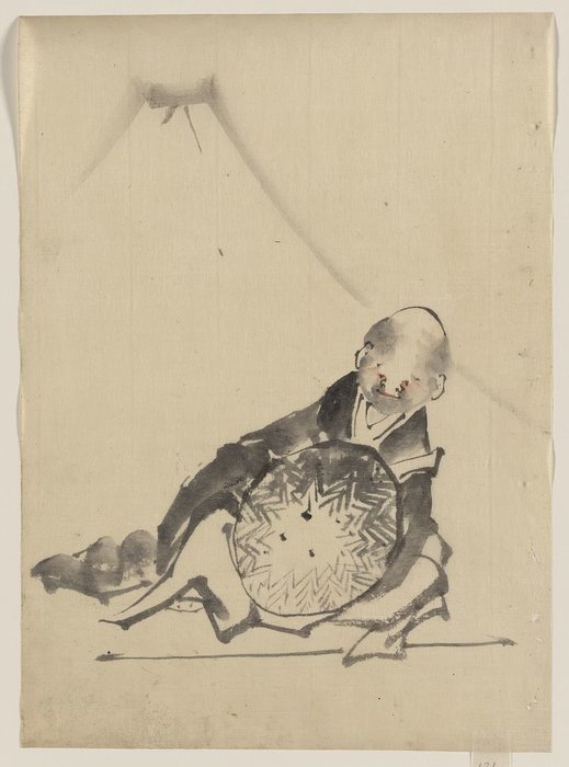 WikiOO.org – 美術百科全書 - 繪畫，作品 Katsushika Hokusai - a 僧  斜倚,  控股 a  大 `conical`  帽子  在前面  他
