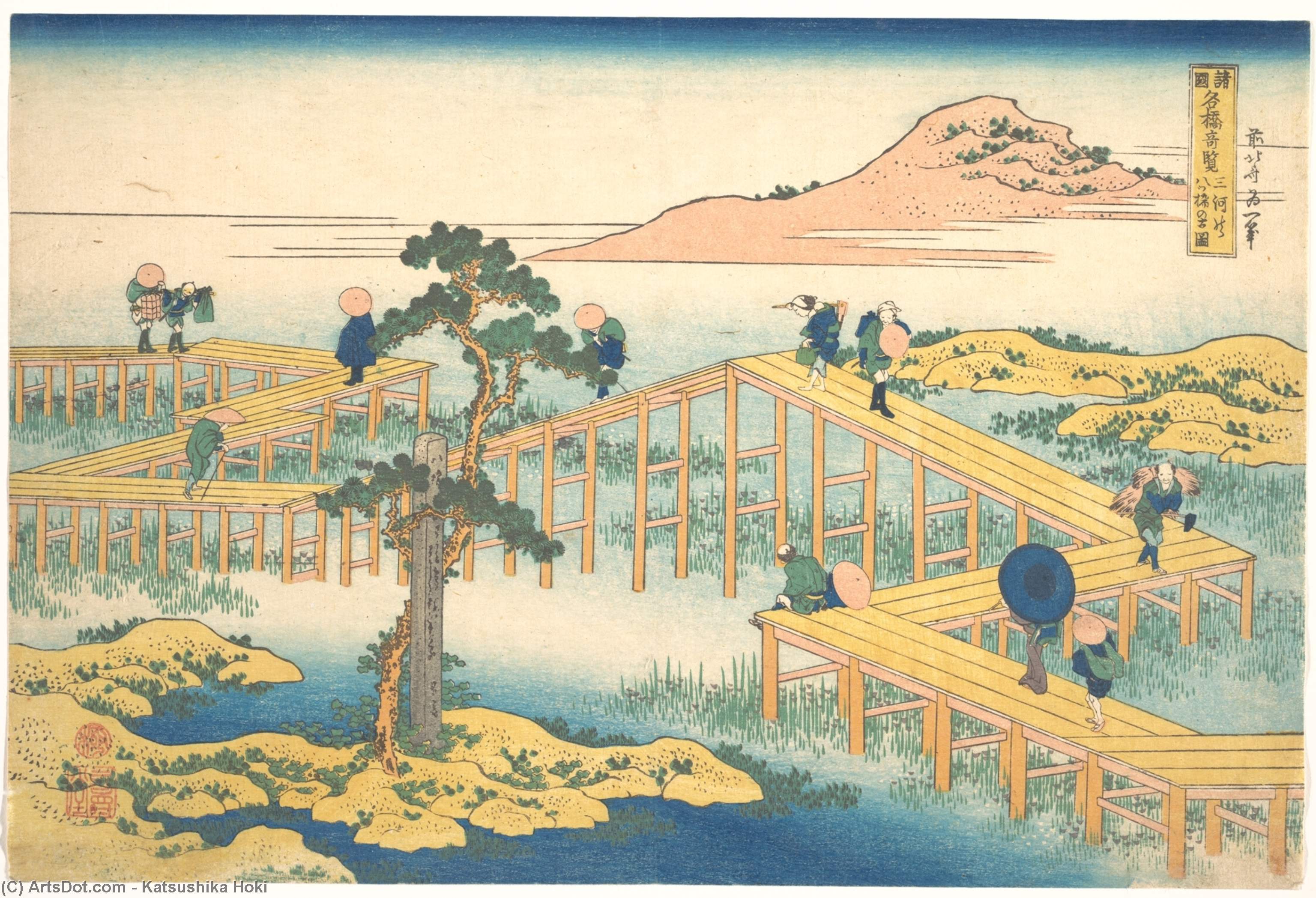 Wikioo.org - The Encyclopedia of Fine Arts - Painting, Artwork by Katsushika Hokusai - Ancient View Of Yatsuhashi In Mikawa Province