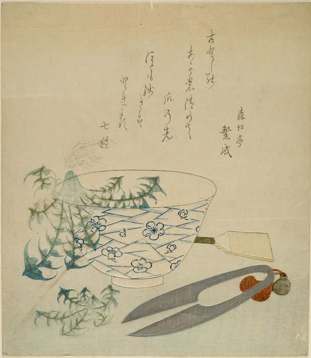 Wikioo.org - The Encyclopedia of Fine Arts - Painting, Artwork by Katsushika Hokusai - Blue-and-white Bowl With Dandelions And Shears