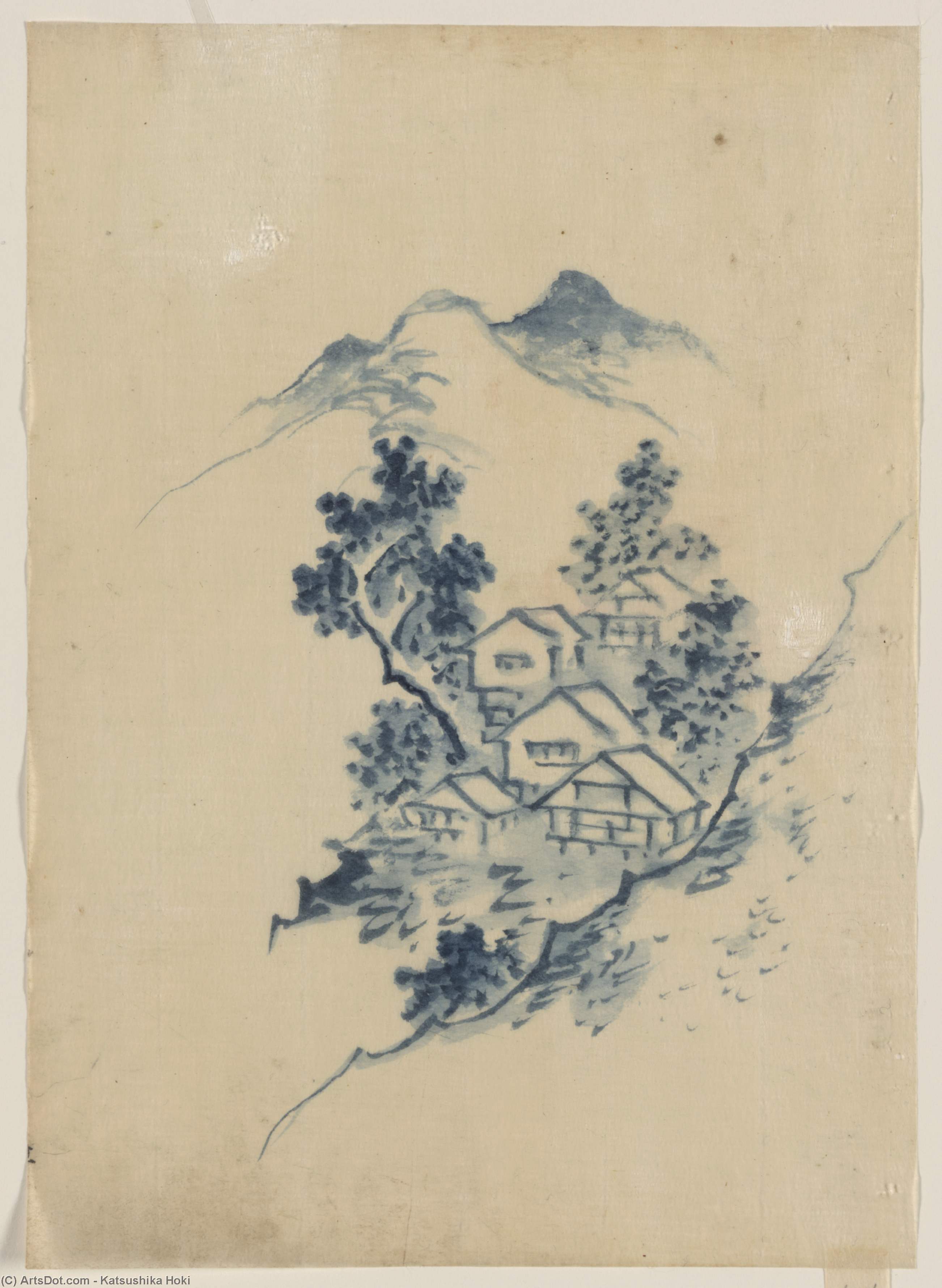Wikioo.org - The Encyclopedia of Fine Arts - Painting, Artwork by Katsushika Hokusai - Buildings Nestled Among Trees In A Mountain Valley