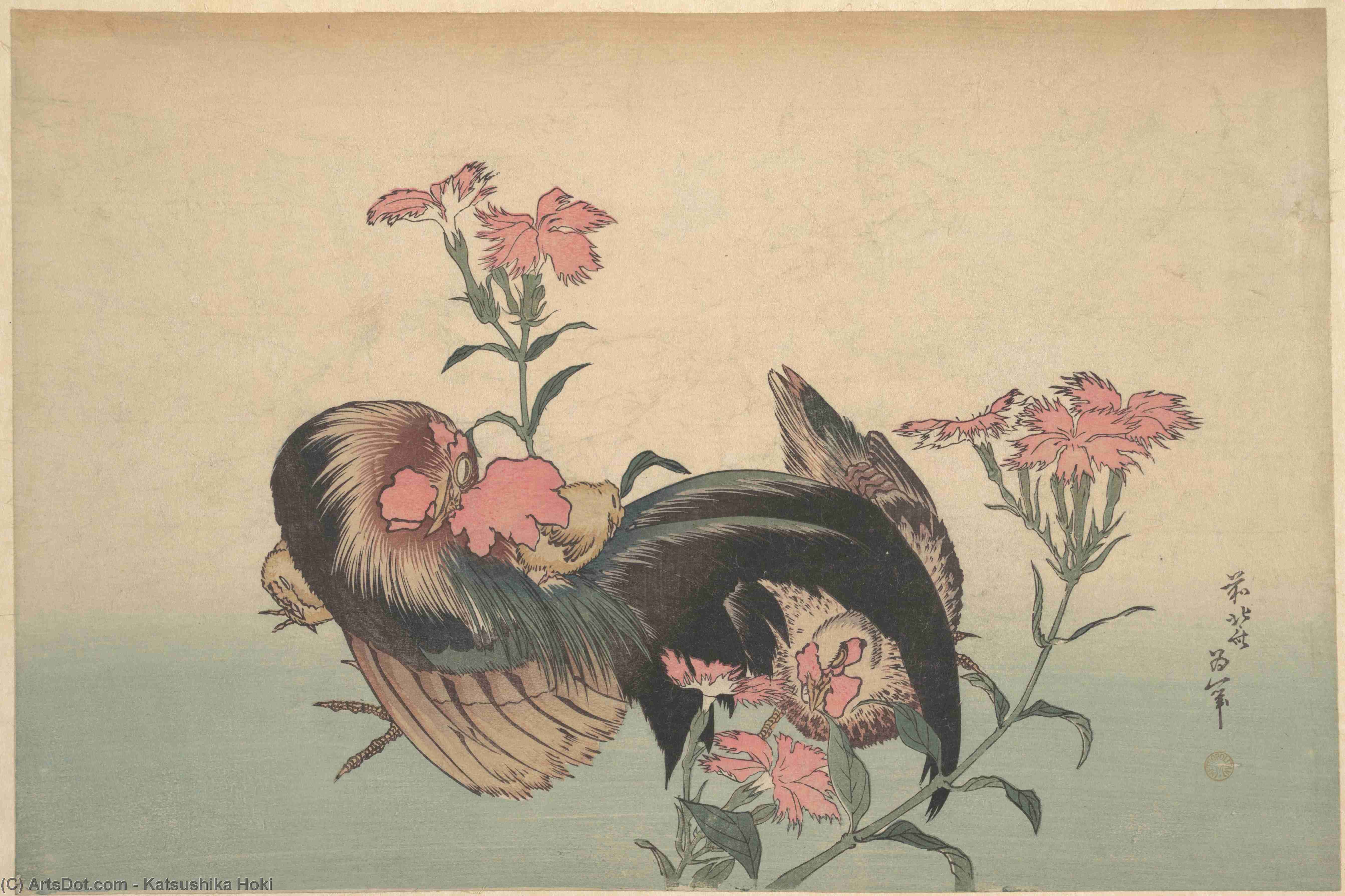 Wikioo.org - The Encyclopedia of Fine Arts - Painting, Artwork by Katsushika Hokusai - Cock, Hen, And Nadeshiko