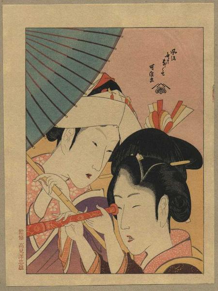 Wikioo.org - Encyklopedia Sztuk Pięknych - Malarstwo, Grafika Katsushika Hokusai - Court Lady And Young Woman With A Foreign Telescope