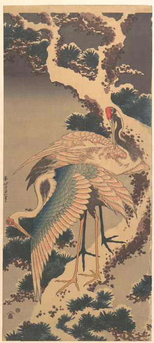 Wikioo.org – La Enciclopedia de las Bellas Artes - Pintura, Obras de arte de Katsushika Hokusai - Grúas en la ramificación del pino Nevado
