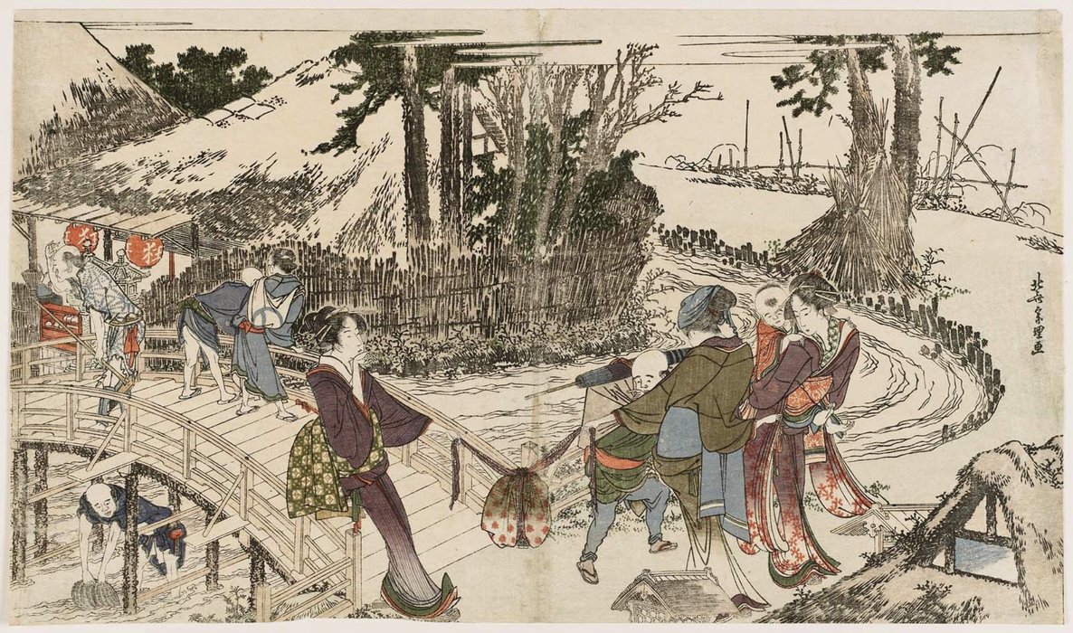 Wikioo.org - The Encyclopedia of Fine Arts - Painting, Artwork by Katsushika Hokusai - Crossing A Bridge
