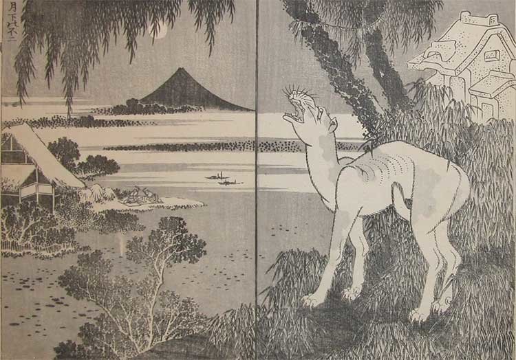 Wikioo.org - The Encyclopedia of Fine Arts - Painting, Artwork by Katsushika Hokusai - Dog Howling At Moon