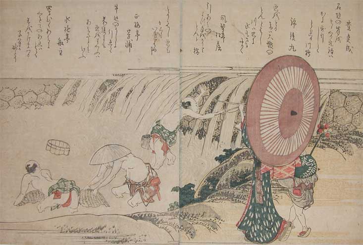 Wikioo.org - The Encyclopedia of Fine Arts - Painting, Artwork by Katsushika Hokusai - Fishing At Basin Of Waterfalls