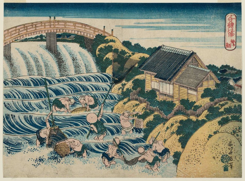 Wikioo.org - สารานุกรมวิจิตรศิลป์ - จิตรกรรม Katsushika Hokusai - Fishing With Handheld Nets