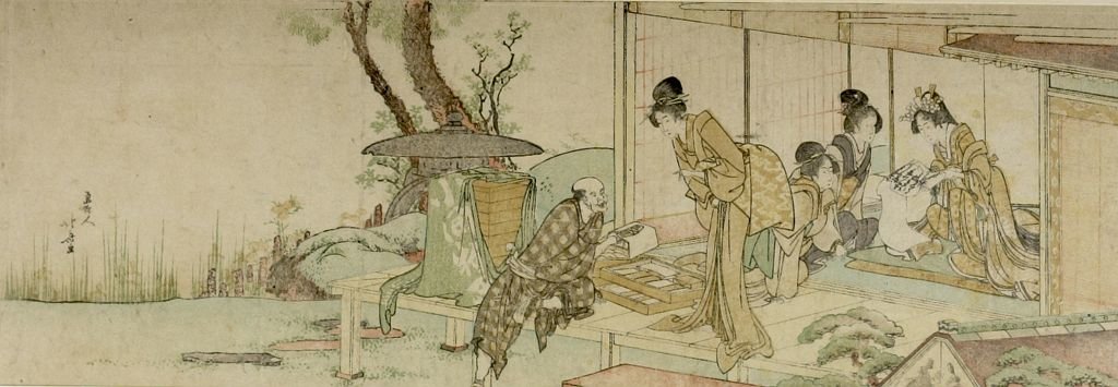 Wikioo.org - Encyklopedia Sztuk Pięknych - Malarstwo, Grafika Katsushika Hokusai - Four Women Buying Combs From A Vendor
