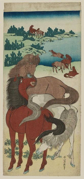 Wikioo.org - The Encyclopedia of Fine Arts - Painting, Artwork by Katsushika Hokusai - Horses In Pasture