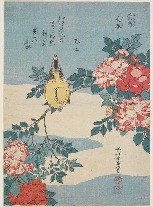 WikiOO.org - Encyclopedia of Fine Arts - Maľba, Artwork Katsushika Hokusai - Japanese Nightingale And Spray Of Roses