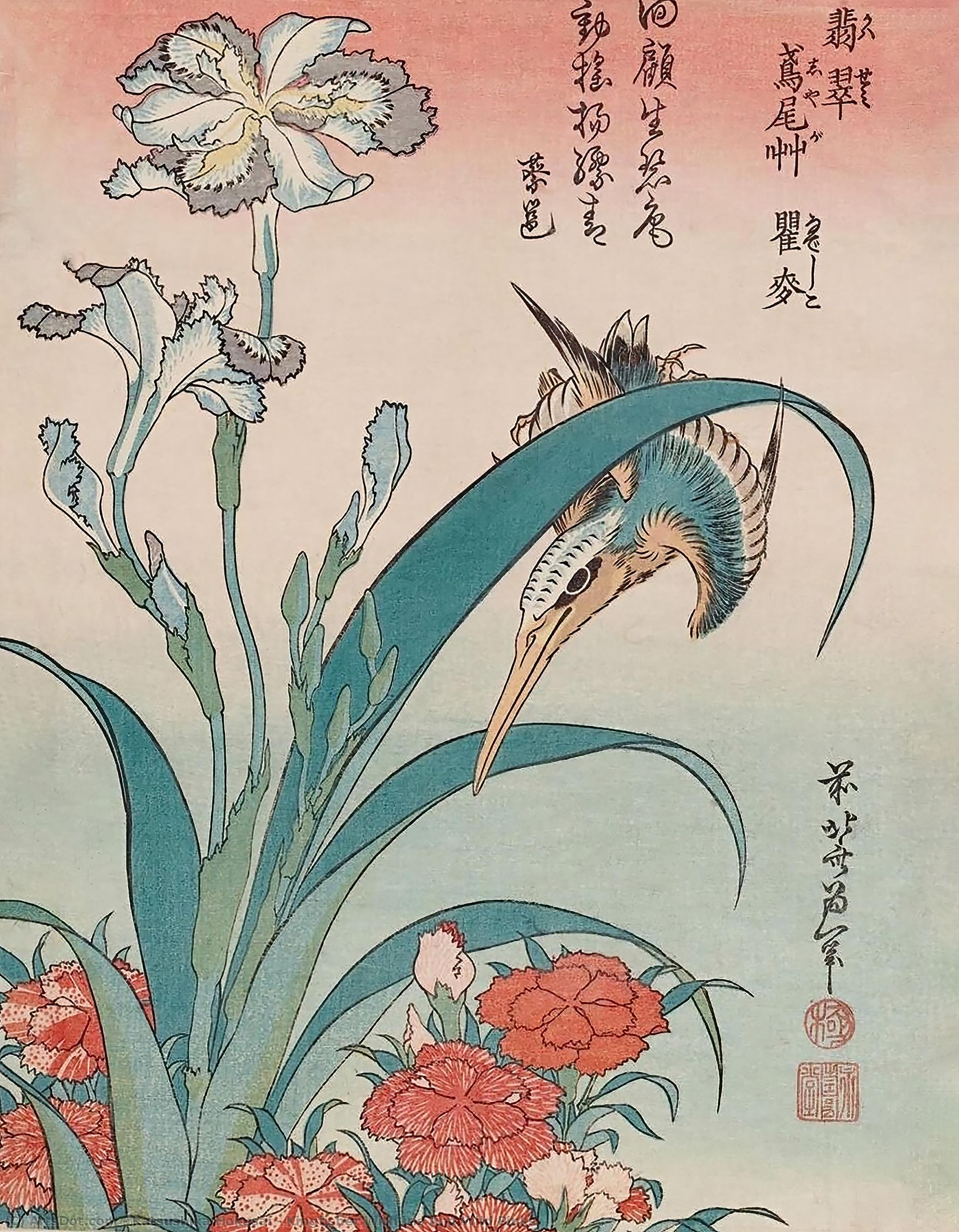 Wikioo.org - Die Enzyklopädie bildender Kunst - Malerei, Kunstwerk von Katsushika Hokusai - Eisvogel mit  Schwertlilie  und  ausgelassen  Nelken