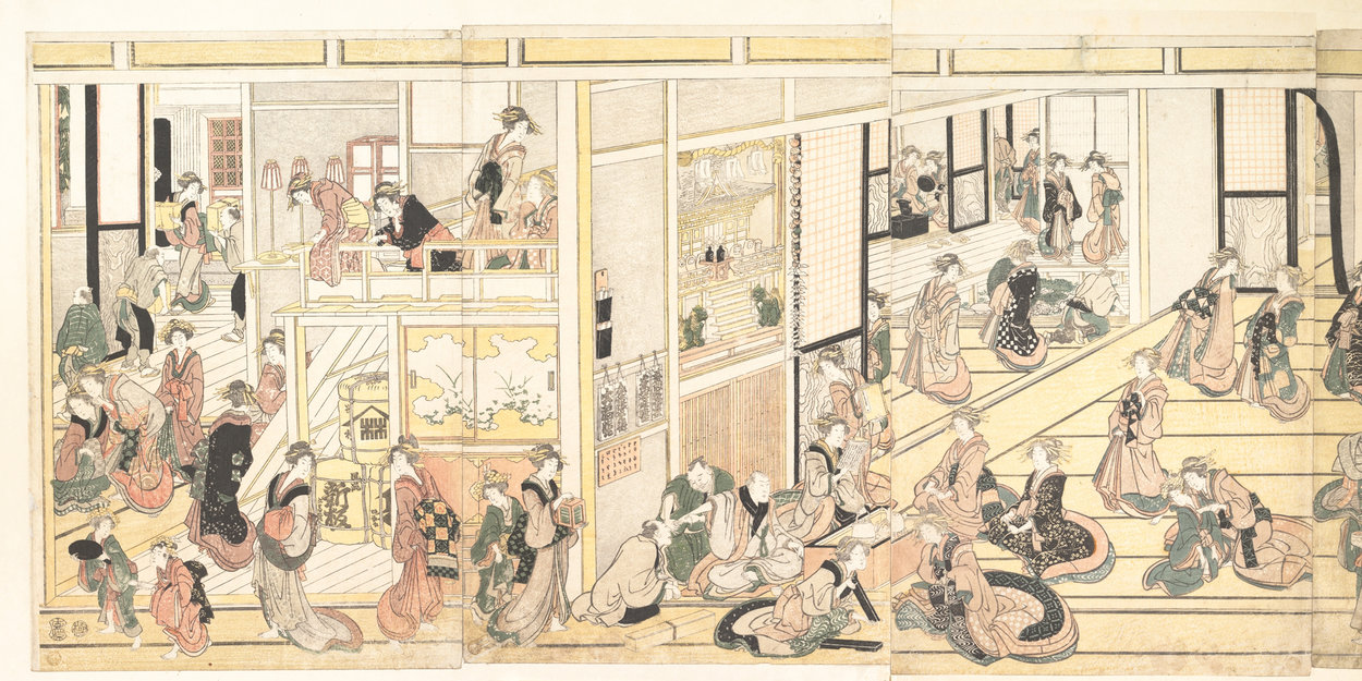 Wikioo.org - The Encyclopedia of Fine Arts - Painting, Artwork by Katsushika Hokusai - New Year's Day At The Ôgiya Seiro