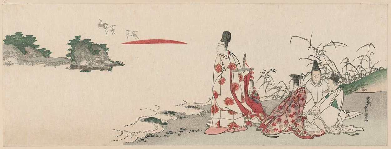 WikiOO.org - Encyclopedia of Fine Arts - Malba, Artwork Katsushika Hokusai - Nobleman And Attendants Watching The Sunrise