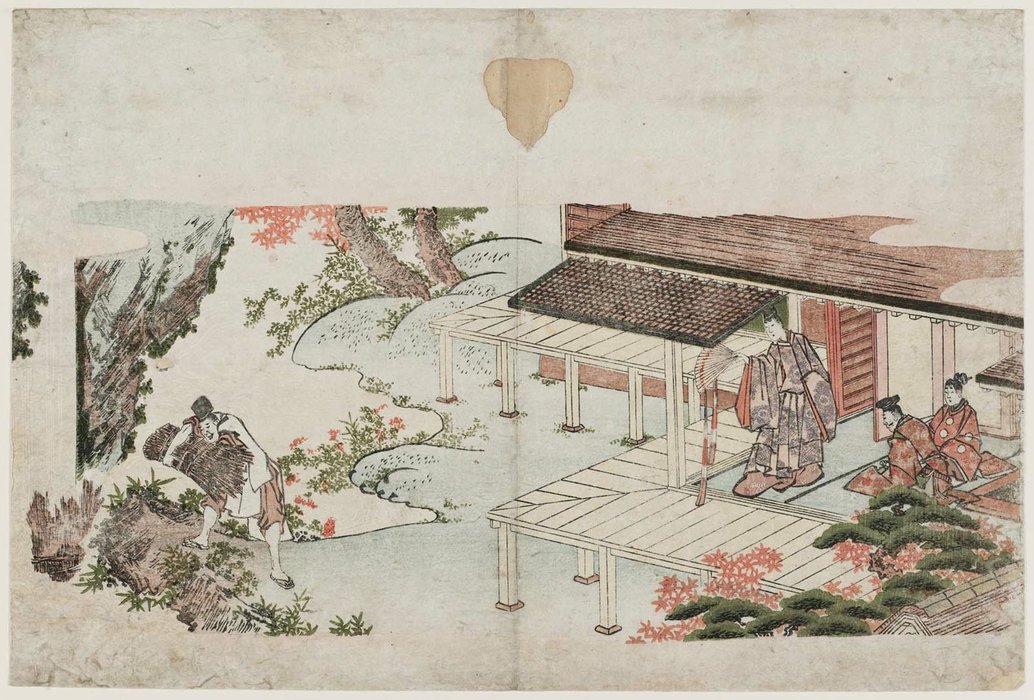 Wikioo.org - The Encyclopedia of Fine Arts - Painting, Artwork by Katsushika Hokusai - Nobleman Watching Servant Throw Bundles Of Faggots Into A Stream To Protect The Bank