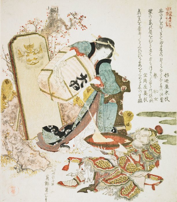 Wikioo.org - The Encyclopedia of Fine Arts - Painting, Artwork by Katsushika Hokusai - Oiko Pouring Sake For A Warrior,