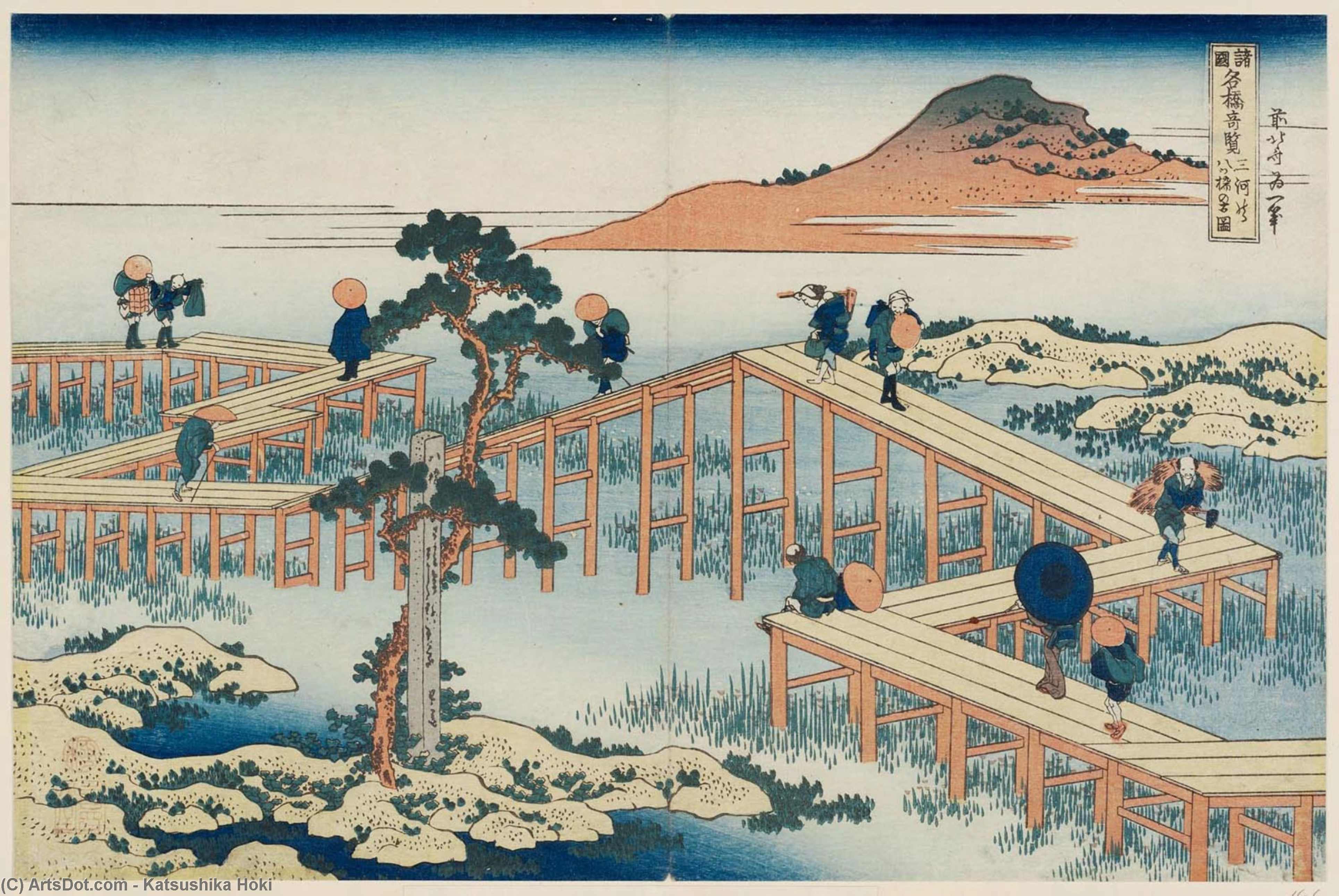 Wikioo.org - The Encyclopedia of Fine Arts - Painting, Artwork by Katsushika Hokusai - Old View Of The Eight-part Bridge At Yatsuhashi In Mikawa Province