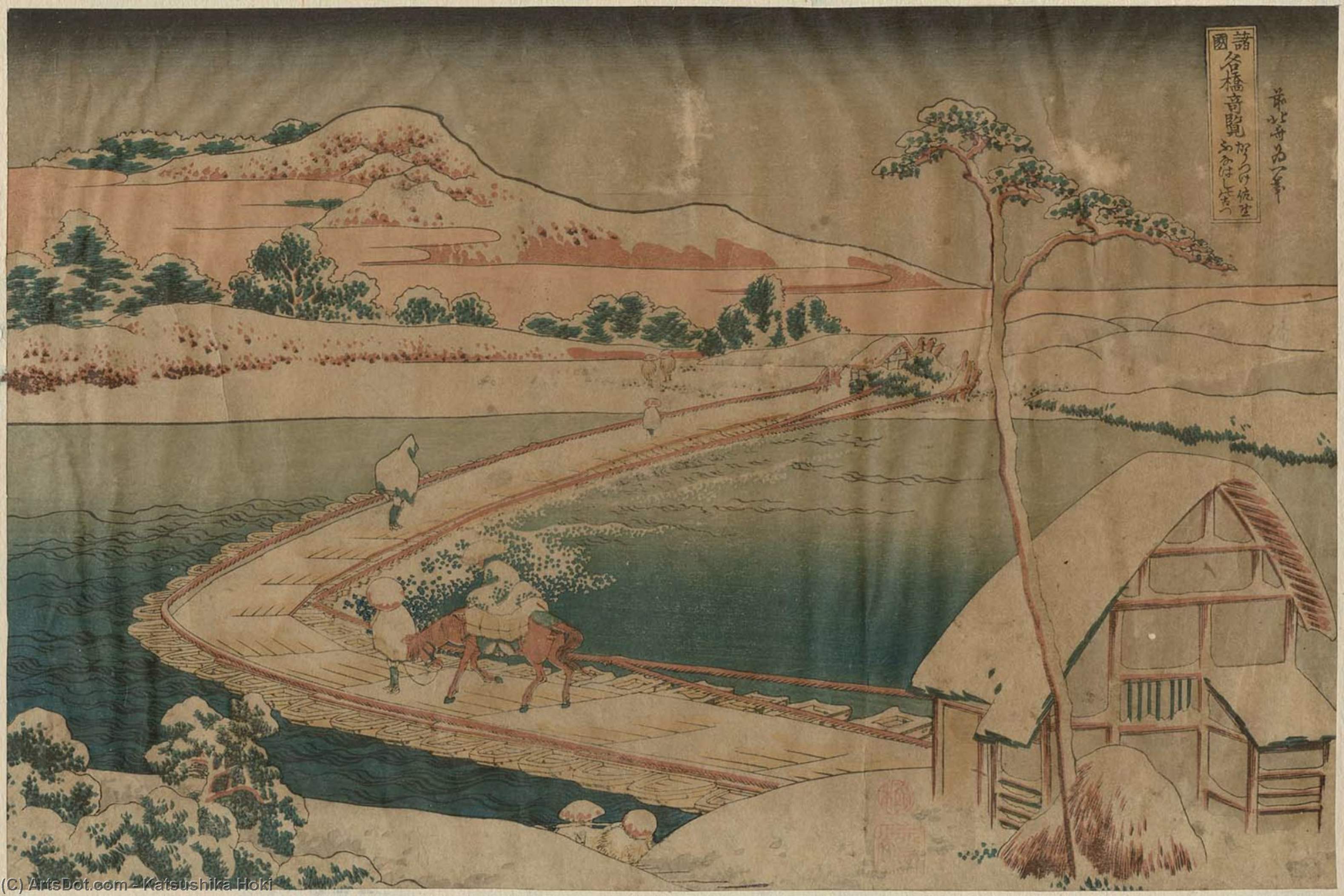 Wikioo.org - The Encyclopedia of Fine Arts - Painting, Artwork by Katsushika Hokusai - Old View Of The Pontoon Bridge At Sano In Kôzuke Province