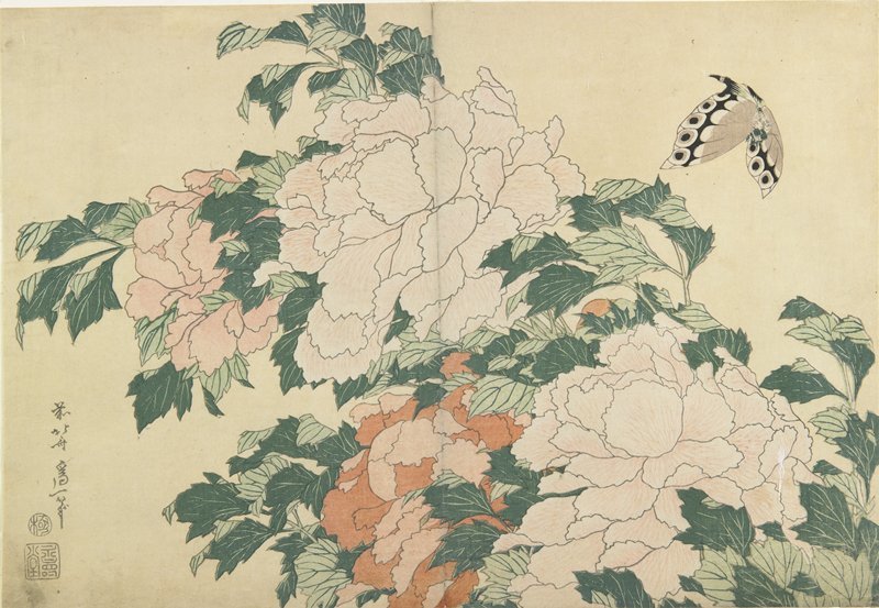 Wikioo.org - The Encyclopedia of Fine Arts - Painting, Artwork by Katsushika Hokusai - Peonies And Butterfly