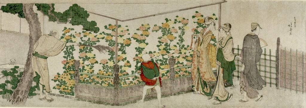 Wikioo.org - Encyklopedia Sztuk Pięknych - Malarstwo, Grafika Katsushika Hokusai - People Viewing Chrysanthemum Exhibit