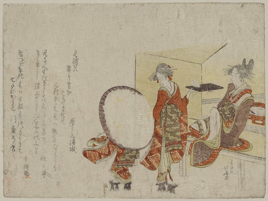 Wikioo.org - The Encyclopedia of Fine Arts - Painting, Artwork by Katsushika Hokusai - Presenting A Snow Bunny On A Tray In Front Of A Tea Shop