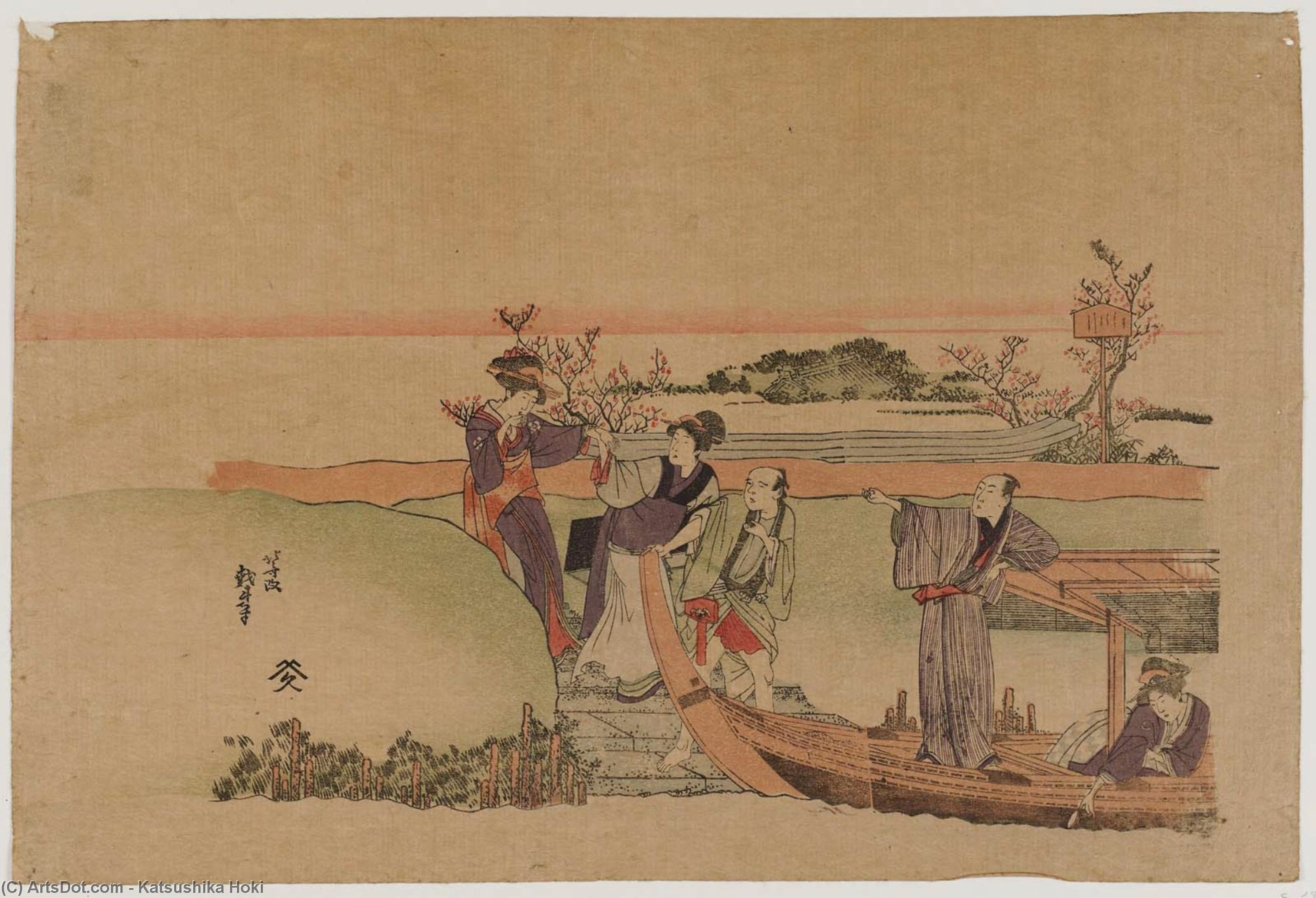 Wikioo.org - The Encyclopedia of Fine Arts - Painting, Artwork by Katsushika Hokusai - Reluctant Woman Boarding A Boat