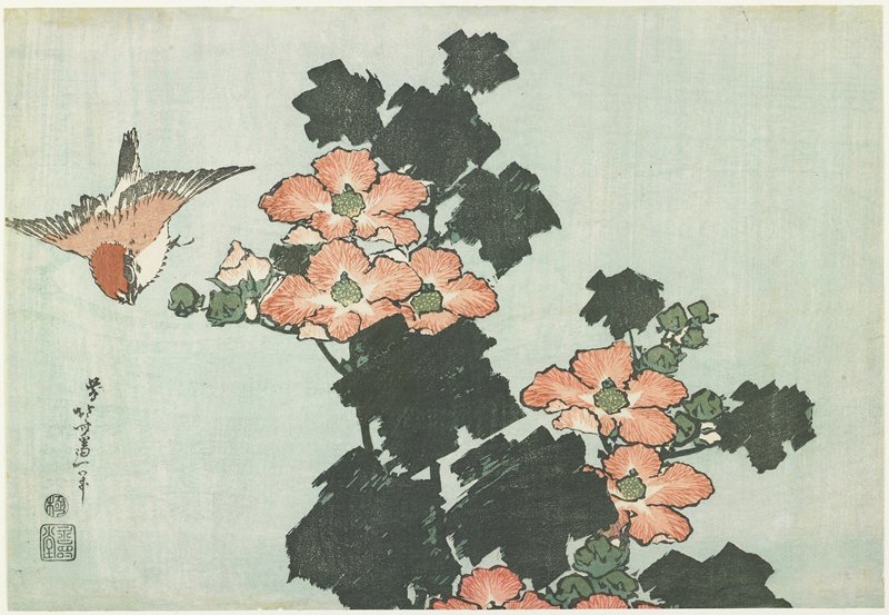 WikiOO.org – 美術百科全書 - 繪畫，作品 Katsushika Hokusai - 罗斯 锦葵 和 麻雀