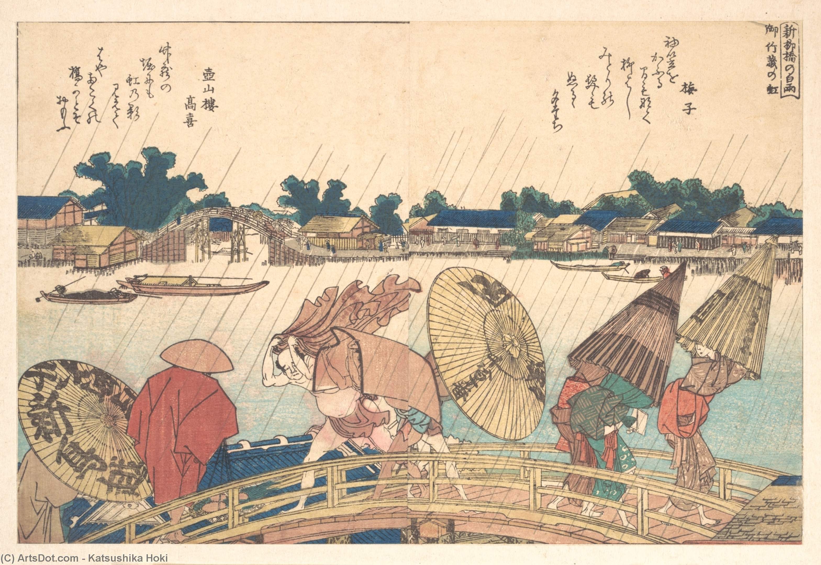 Wikioo.org - The Encyclopedia of Fine Arts - Painting, Artwork by Katsushika Hokusai - Shower At The New Yanagi Bridge