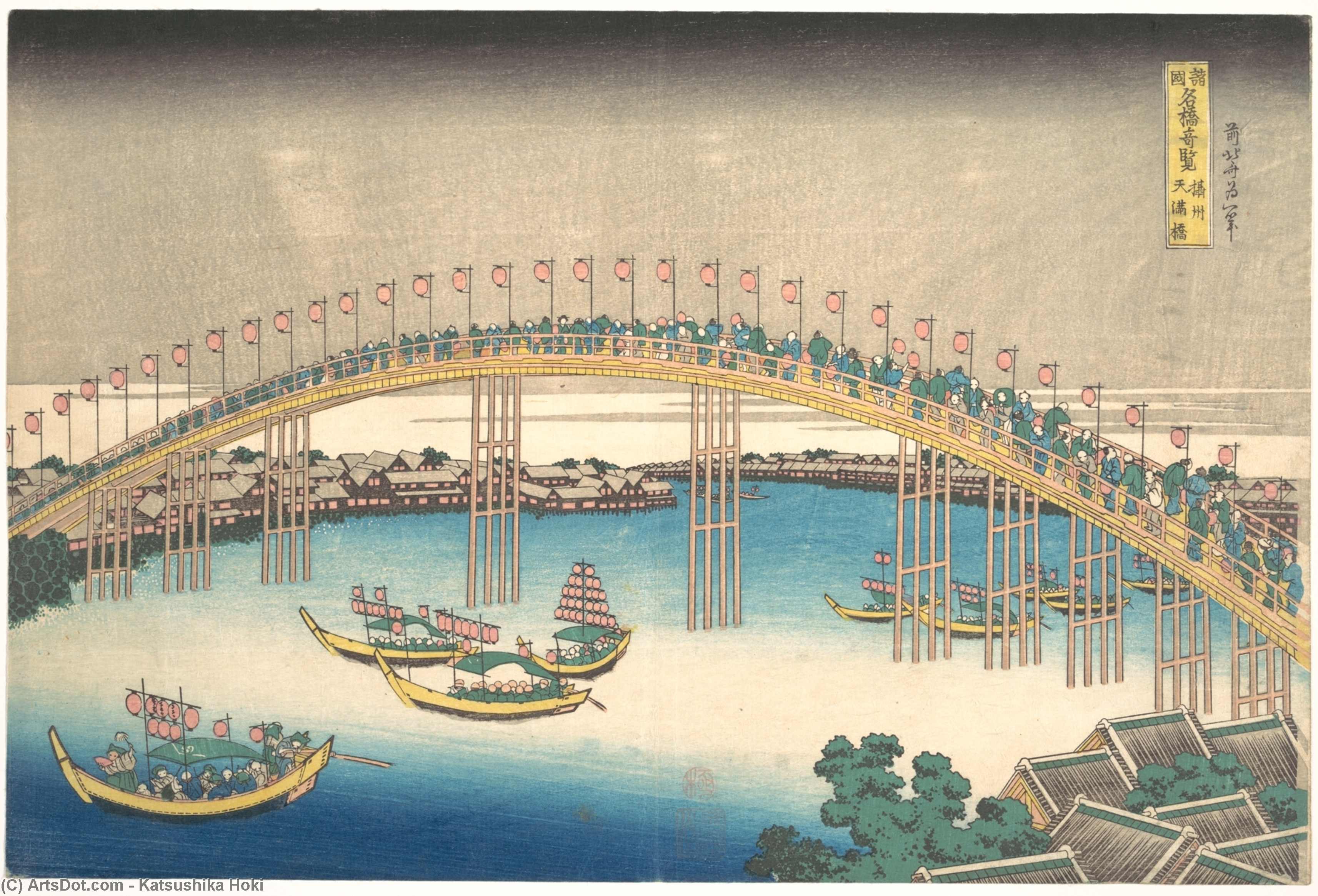 Wikioo.org - The Encyclopedia of Fine Arts - Painting, Artwork by Katsushika Hokusai - Tenman Bridge At Settsu Province