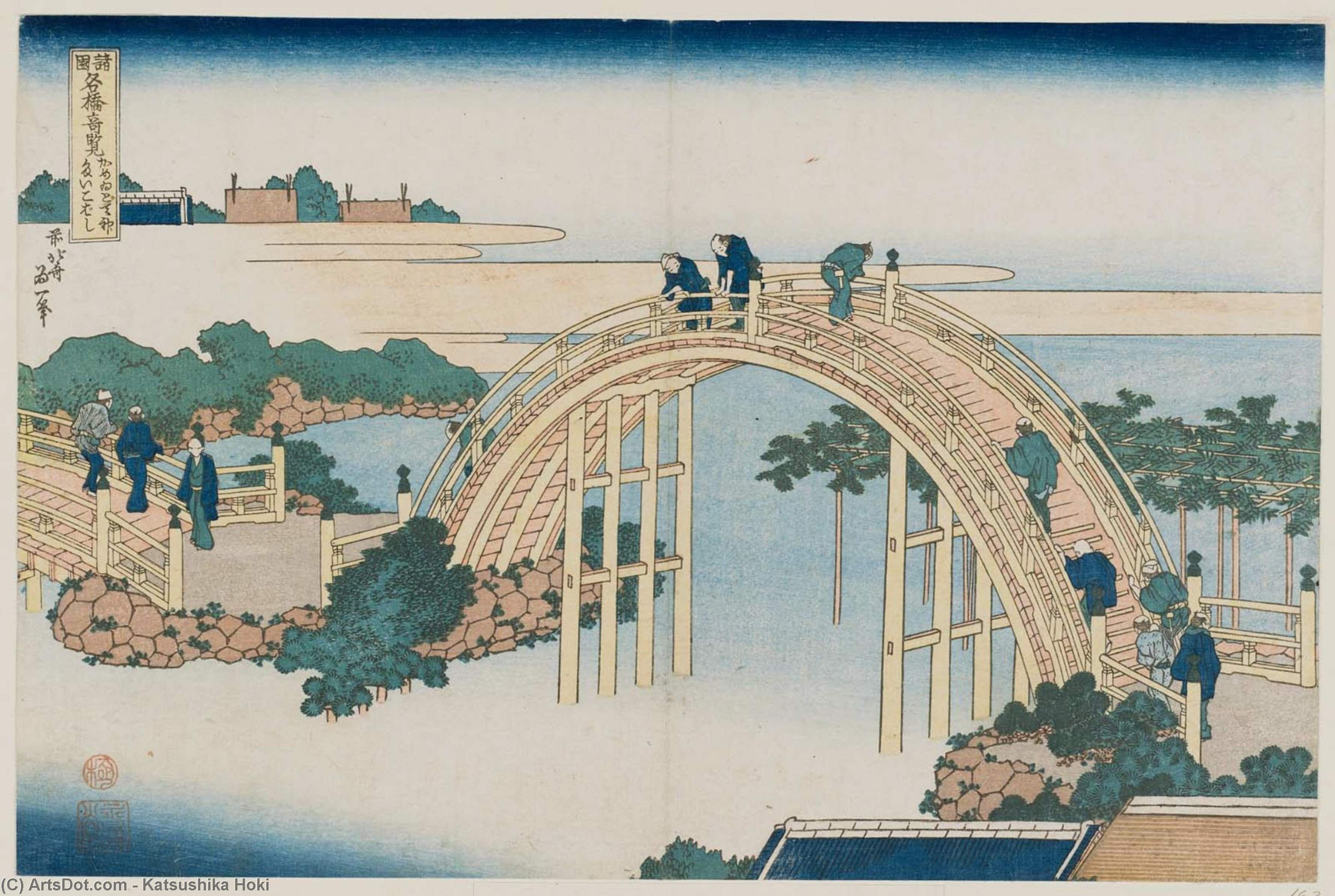 Wikioo.org - The Encyclopedia of Fine Arts - Painting, Artwork by Katsushika Hokusai - The Drum Bridge At Kameido Tenjin Shrine