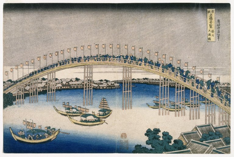 Wikioo.org - The Encyclopedia of Fine Arts - Painting, Artwork by Katsushika Hokusai - The Festival Of Lanterns On Temma Bridge