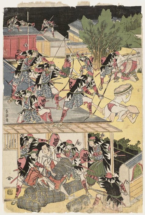 Wikoo.org - موسوعة الفنون الجميلة - اللوحة، العمل الفني Katsushika Hokusai - The Night Attack In Act Xi Of The Storehouse Of Loyal Retainers