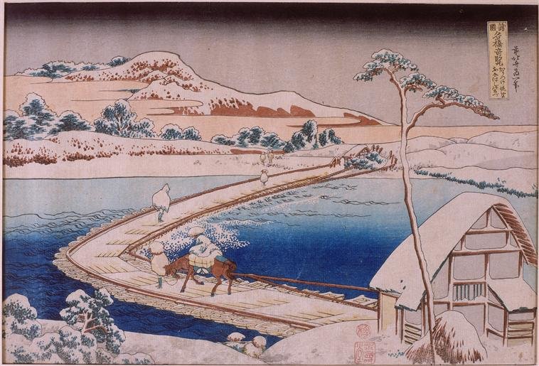 Wikioo.org - The Encyclopedia of Fine Arts - Painting, Artwork by Katsushika Hokusai - The Pontoon Bridge At Sano In The Province Of Kozuka