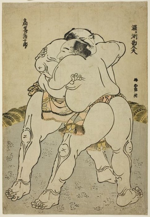 Wikioo.org - The Encyclopedia of Fine Arts - Painting, Artwork by Katsushika Hokusai - The Sumo Wrestlers Uzugafuchi Kandayu And Takasaki Ichijuro