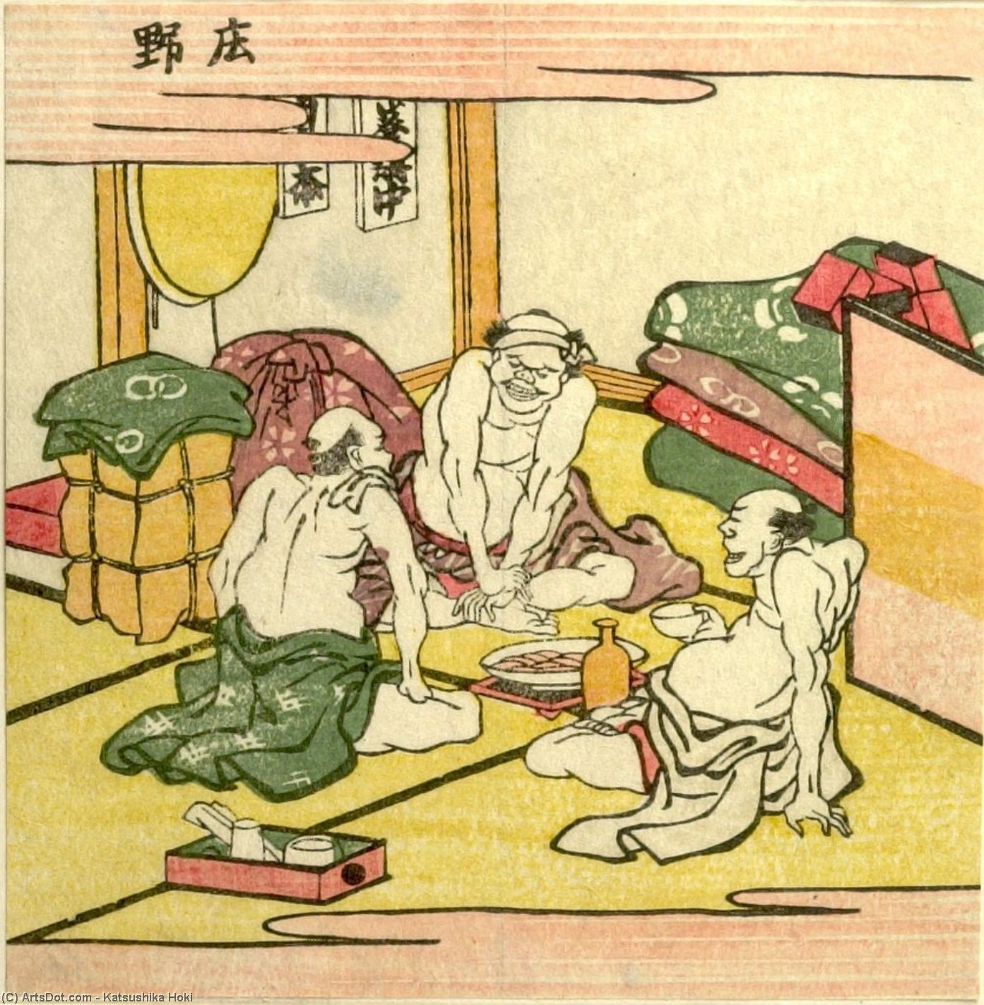WikiOO.org - Энциклопедия изобразительного искусства - Живопись, Картины  Katsushika Hokusai - три Мужчины  отдыха  в  гостиница