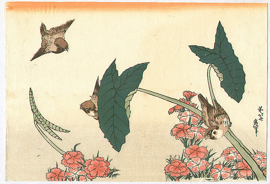 Wikioo.org - The Encyclopedia of Fine Arts - Painting, Artwork by Katsushika Hokusai - Three Sparrows