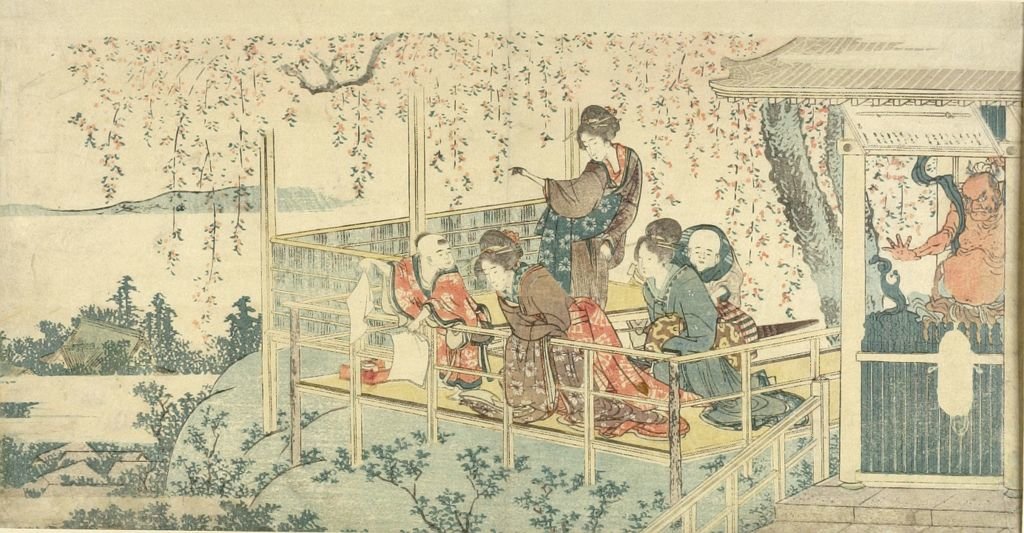 Wikioo.org - The Encyclopedia of Fine Arts - Painting, Artwork by Katsushika Hokusai - Three Women And Two Children On Balcony