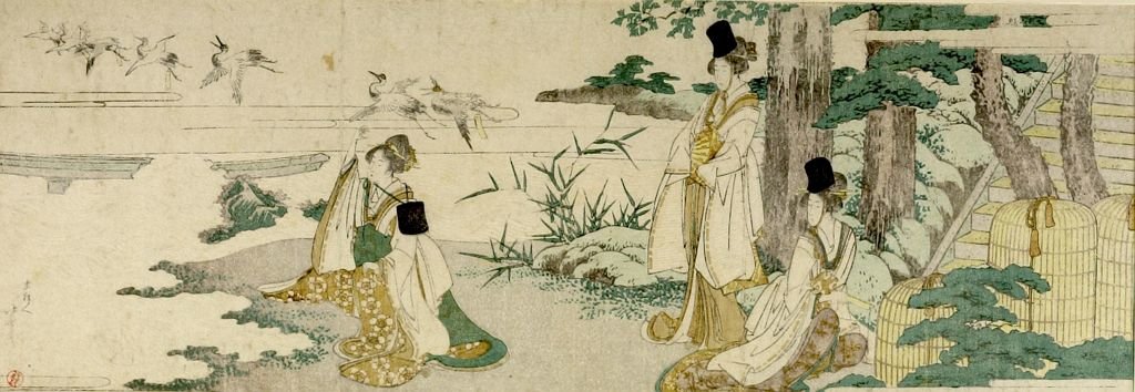Wikioo.org – L'Enciclopedia delle Belle Arti - Pittura, Opere di Katsushika Hokusai - Tre donne Tagging Cranes con la poesia Slips