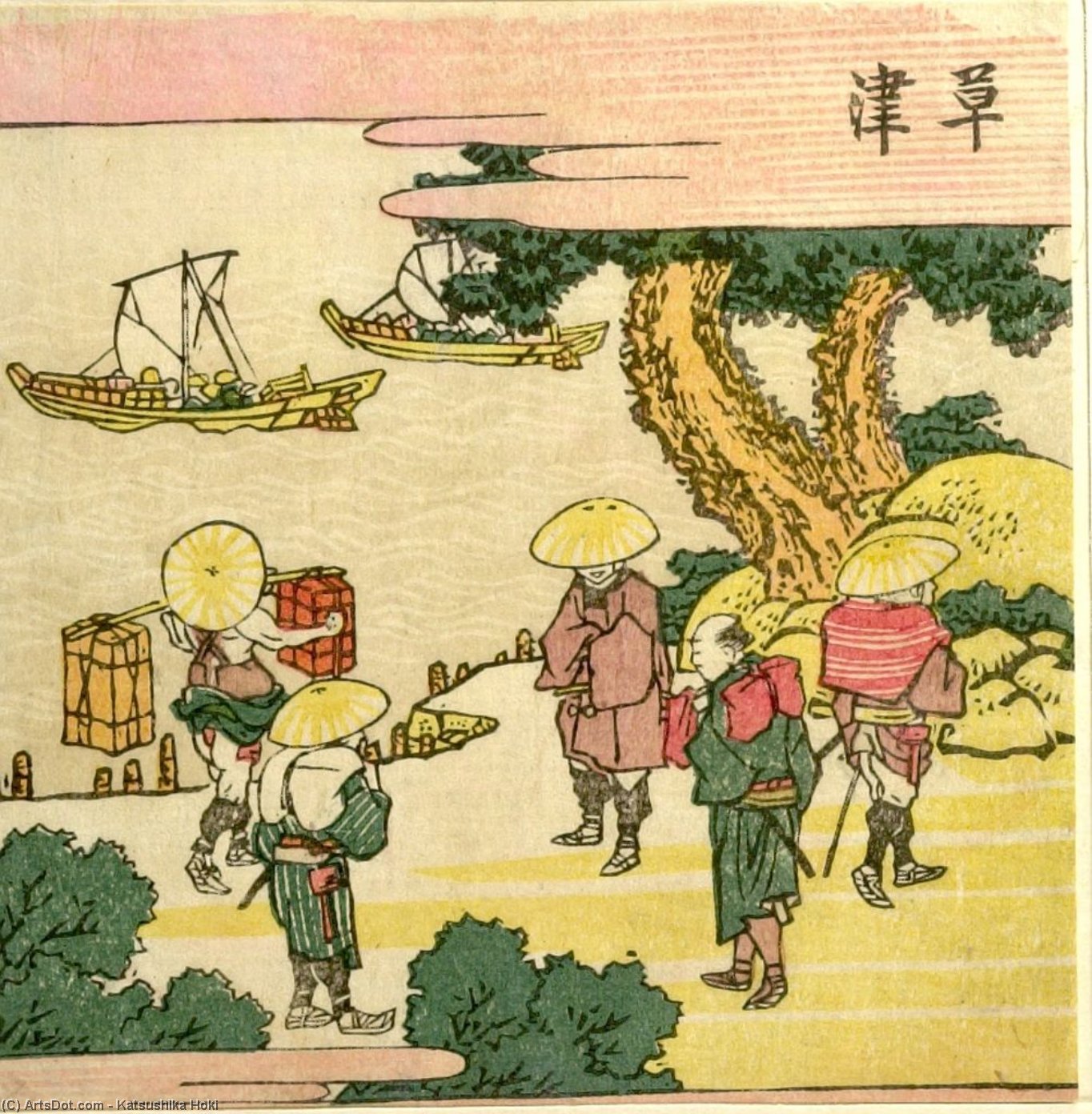 WikiOO.org - Güzel Sanatlar Ansiklopedisi - Resim, Resimler Katsushika Hokusai - Travelers By The Lake Biwa