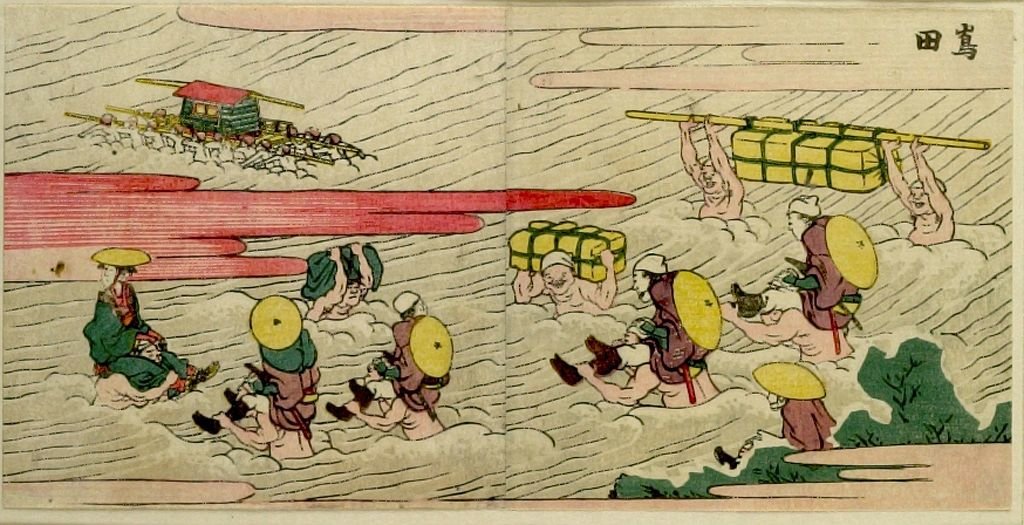 WikiOO.org - Enciklopedija dailės - Tapyba, meno kuriniai Katsushika Hokusai - Travelers Crossing The Ôi River