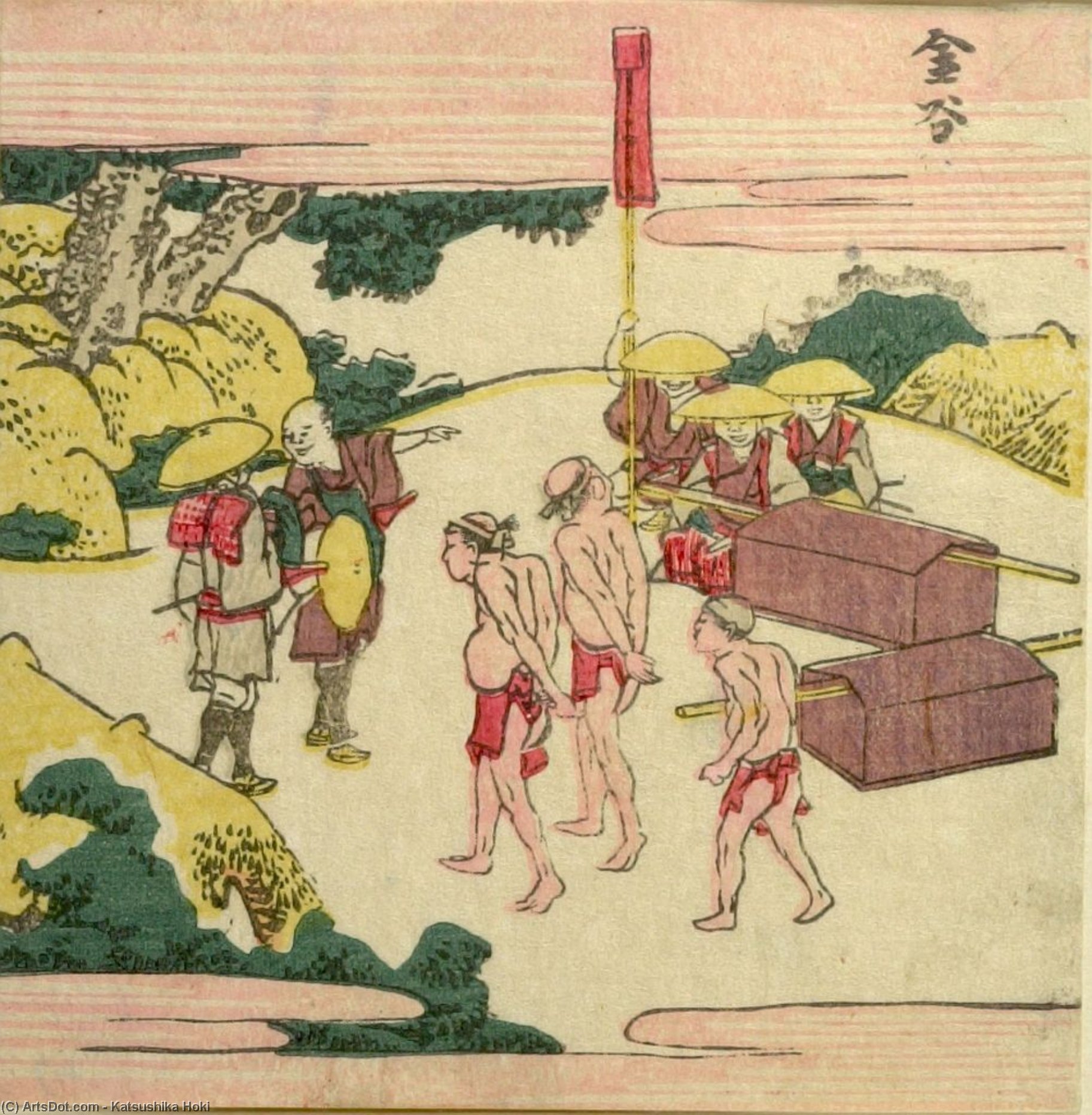 WikiOO.org - Encyclopedia of Fine Arts - Schilderen, Artwork Katsushika Hokusai - Travelers Waiting To Cross The Ôi River