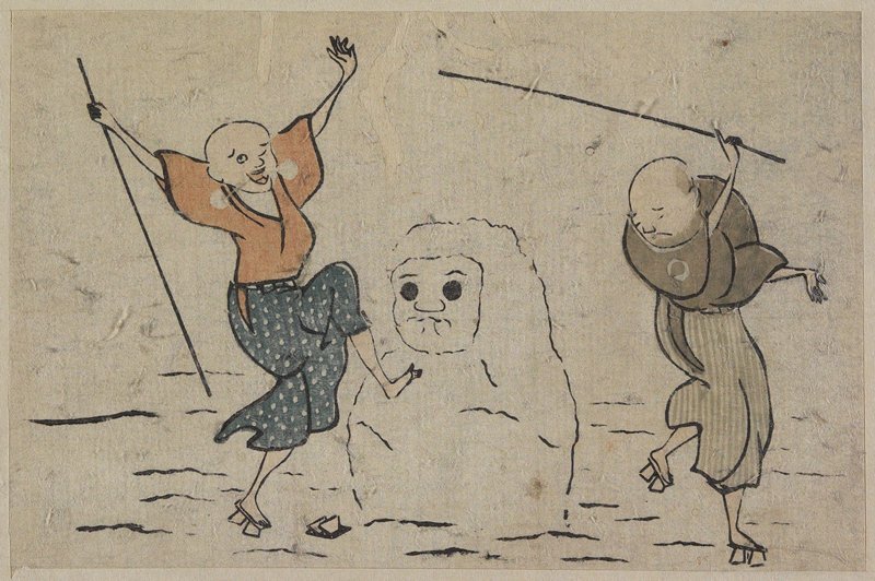 Wikioo.org - The Encyclopedia of Fine Arts - Painting, Artwork by Katsushika Hokusai - Two Blind Men And Snowman