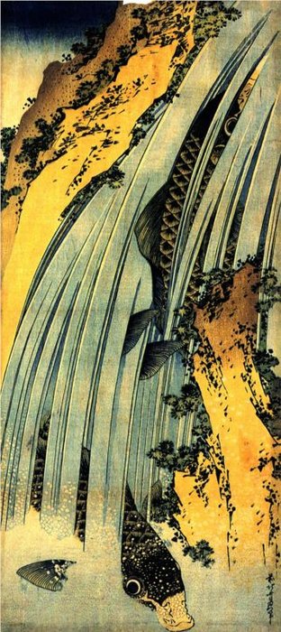 Wikioo.org - สารานุกรมวิจิตรศิลป์ - จิตรกรรม Katsushika Hokusai - Two Carp In A Cascade