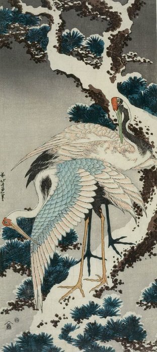 WikiOO.org - Encyclopedia of Fine Arts - Schilderen, Artwork Katsushika Hokusai - Two Cranes On Snowy Pine Tree