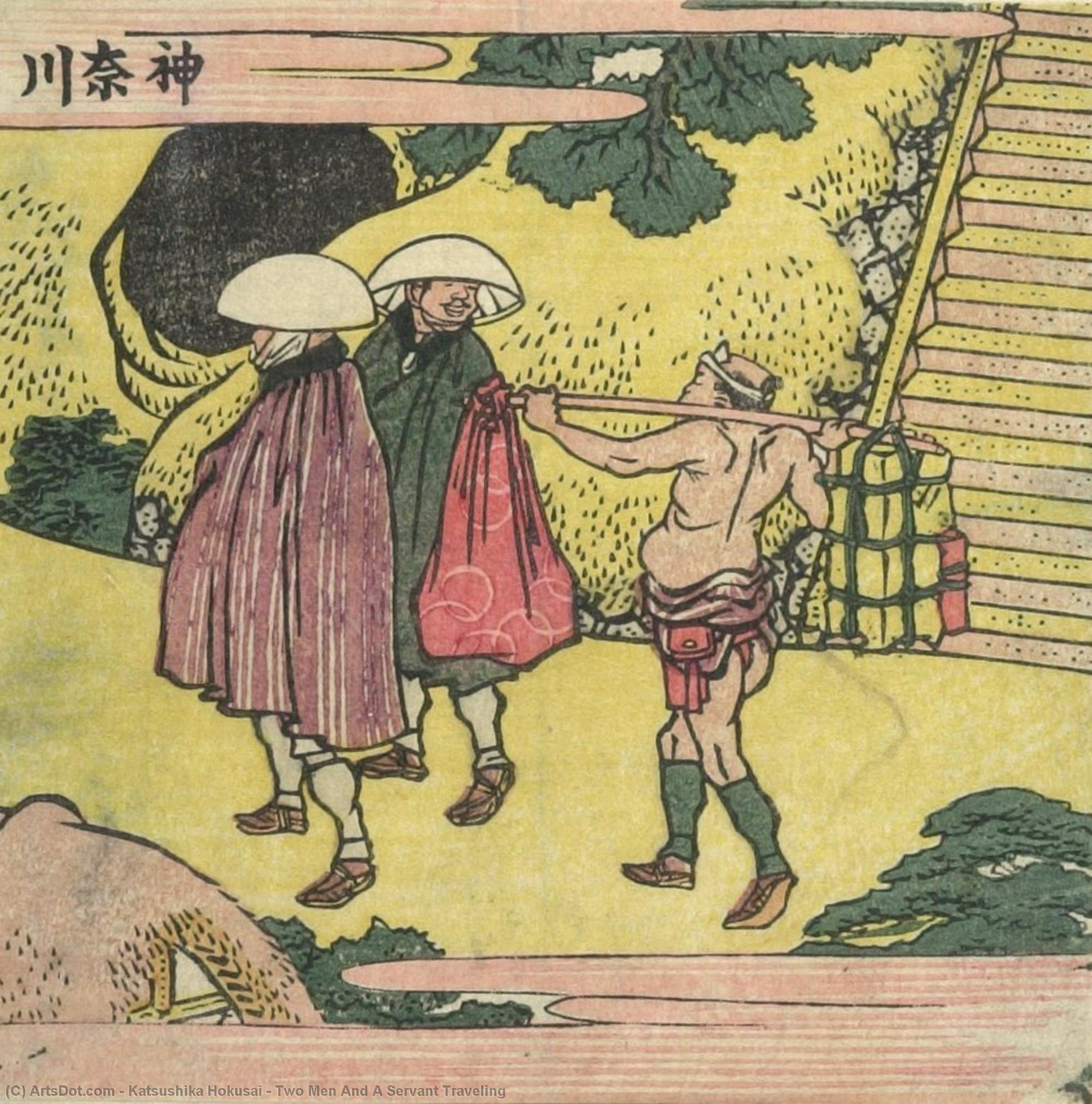 Wikioo.org – L'Encyclopédie des Beaux Arts - Peinture, Oeuvre de Katsushika Hokusai - deux hommes et  une  domestique  voyageant