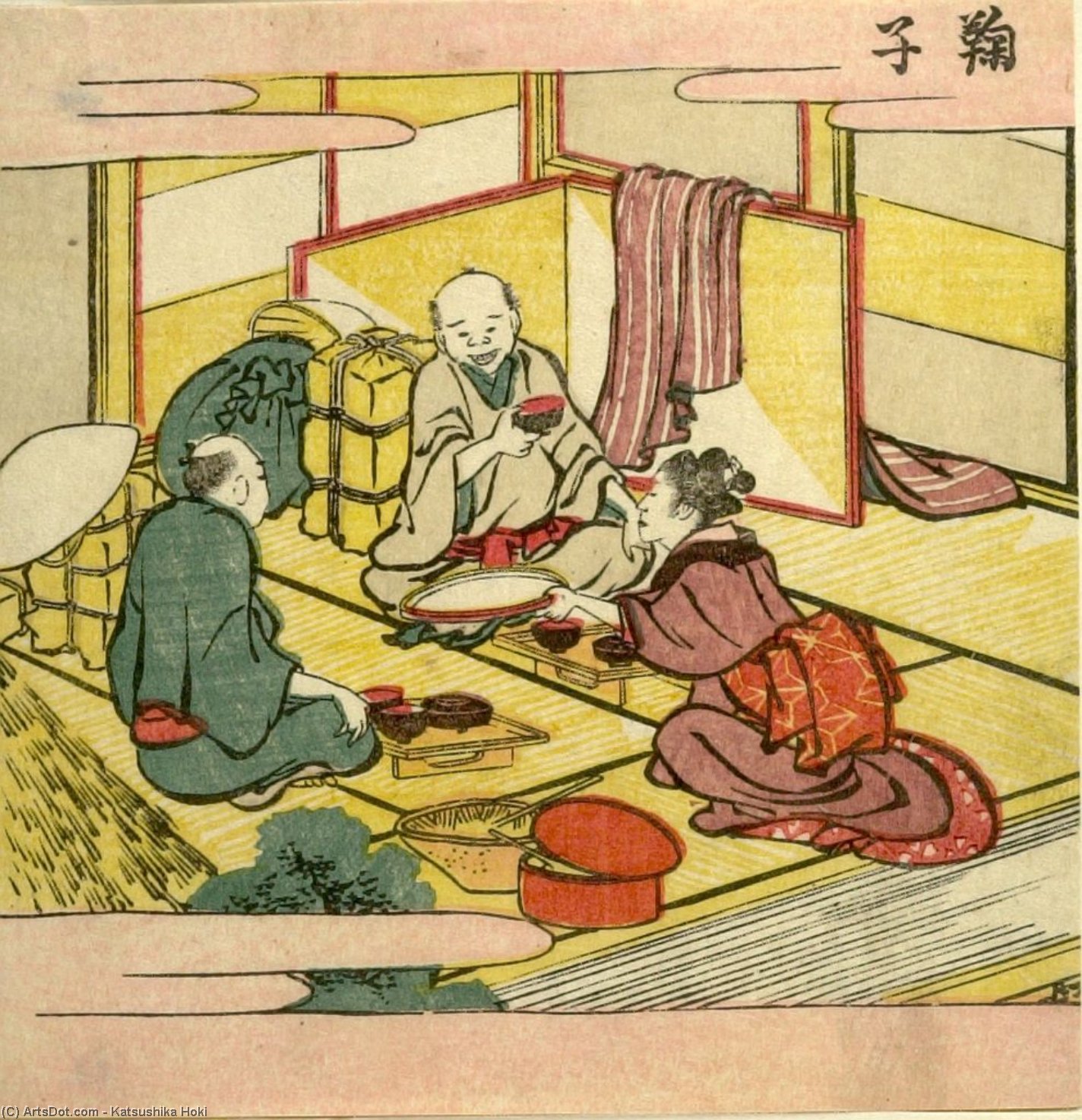Wikioo.org – L'Encyclopédie des Beaux Arts - Peinture, Oeuvre de Katsushika Hokusai - deux hommes à manger  au  une  iauberge