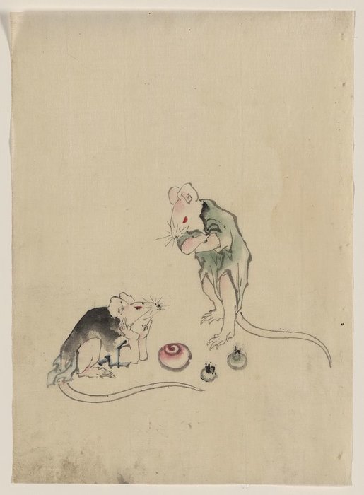 Wikioo.org – La Enciclopedia de las Bellas Artes - Pintura, Obras de arte de Katsushika Hokusai - Dos ratones, uno tirado en el suelo con la cabeza sobre las patas delanteras