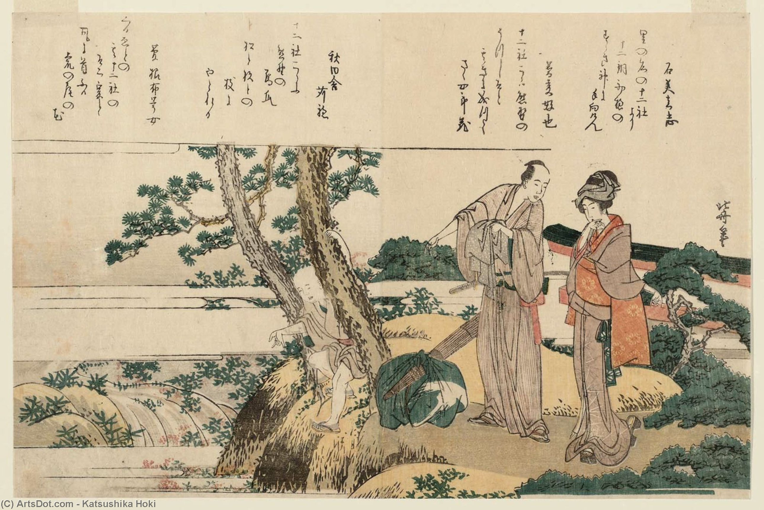 Wikioo.org – La Enciclopedia de las Bellas Artes - Pintura, Obras de arte de Katsushika Hokusai - Visita Hagi Flores desde un Montículo en el Junisha Santuario