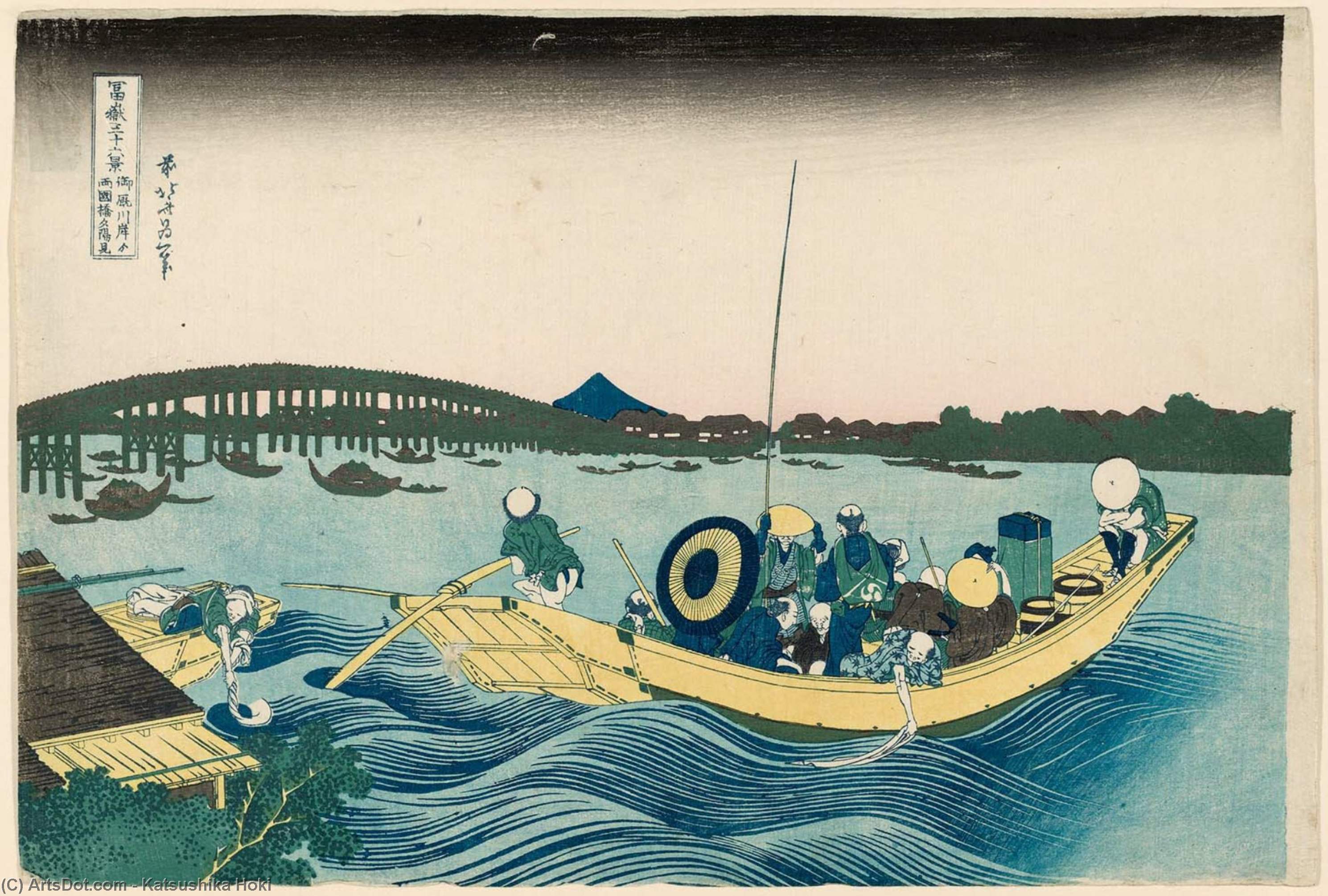 Wikioo.org - The Encyclopedia of Fine Arts - Painting, Artwork by Katsushika Hokusai - Viewing Sunset Over Ryôgoku Bridge From The Onmaya